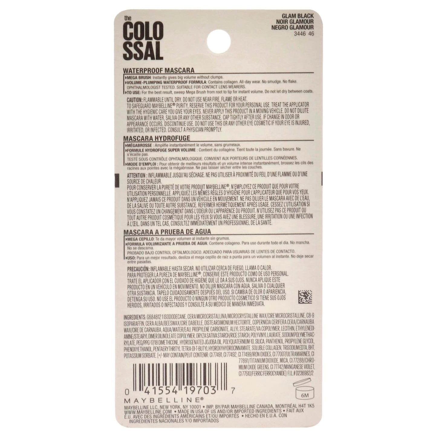 Maybelline Volum' Express Colossal Waterproof Mascara Makeup, Volumizing, Glam Black, 1 Count