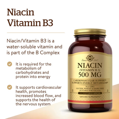 Solgar Niacin (Vitamin B3) 500 mg, 250 Vegetable Capsules - Energy Metabolism - Non-GMO, Vegan, Gluten Free, Dairy Free, Kosher - 250 Servings
