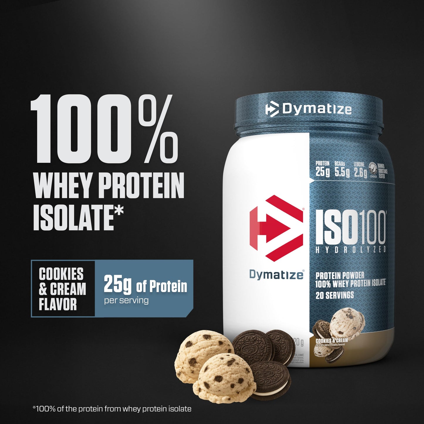 Dymatize ISO100 Protein Powder, 100% Whey Isolate, Cookies & Cream