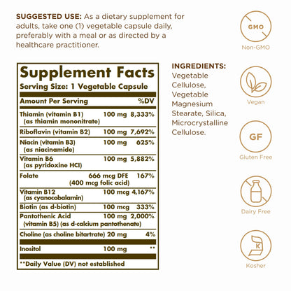 Solgar B-Complex 100" - 50 Vegetable Capsules - Energy Metabolism, Nervous System Support - Non-GMO, Vegan, Gluten Free - 50 Servings