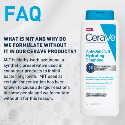 CeraVe Hydrating Anti Dandruff Shampoo, 1% Pyrithione Zinc Dandruff Treatment With Ceramides, Niacinamide, Hyaluronic Acid, Eliminate Flake,Provides Itchy Scalp Relief, Sulfate-Free, 12 Oz (Pack of 2)