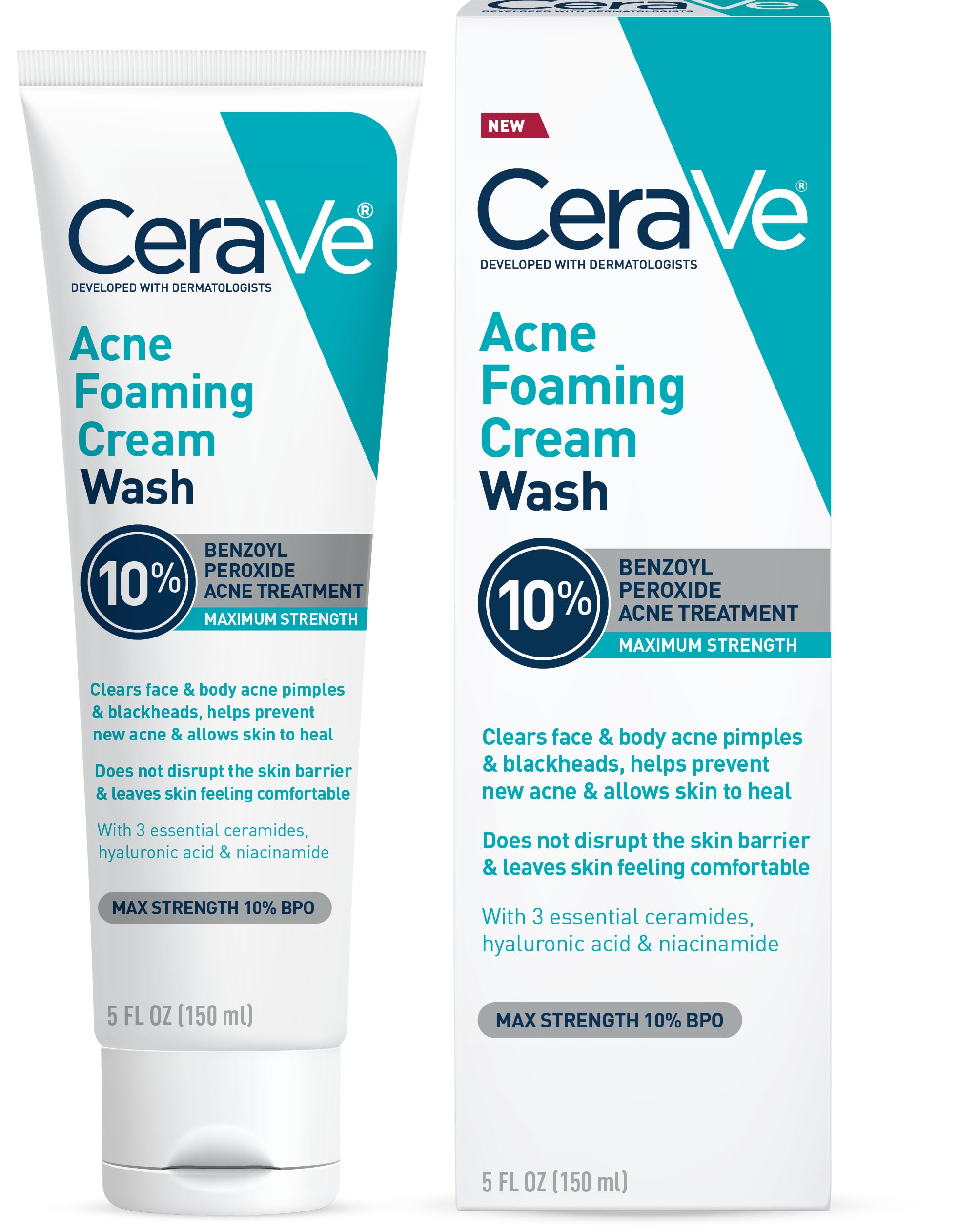 CeraVe Acne Foaming Cream Wash, 10% Benzoyl Peroxide Facial Cleanser, 5oz