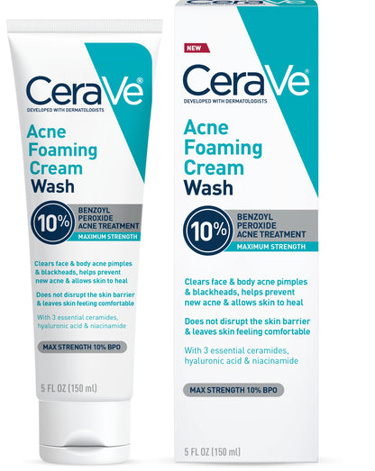 CeraVe Acne Foaming Cream Wash, 10% Benzoyl Peroxide Facial Cleanser, 5oz