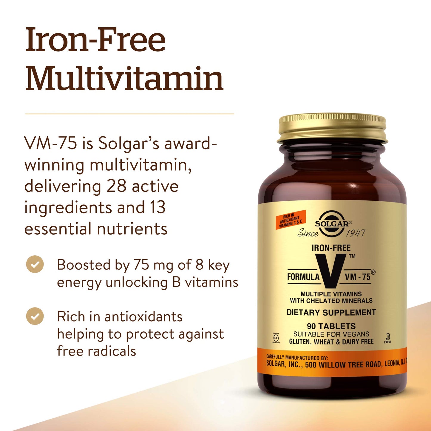 Solgar Iron-Free Formula VM-75, 90 Tablets - Vitamins A, B6, B12, C, D, E