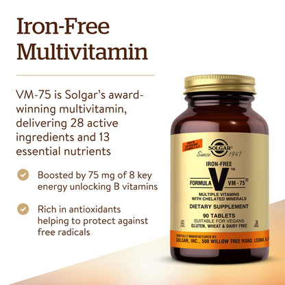 Solgar Iron-Free Formula VM-75, 90 Tablets - Vitamins A, B6, B12, C, D, E