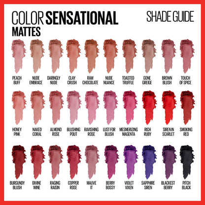 Maybelline Color Sensational Lipstick, Lip Makeup, Matte Finish, Hydrating Lipstick, Nude, Pink, Red, Plum Lip Color, Lust for Blush, 1 Count
