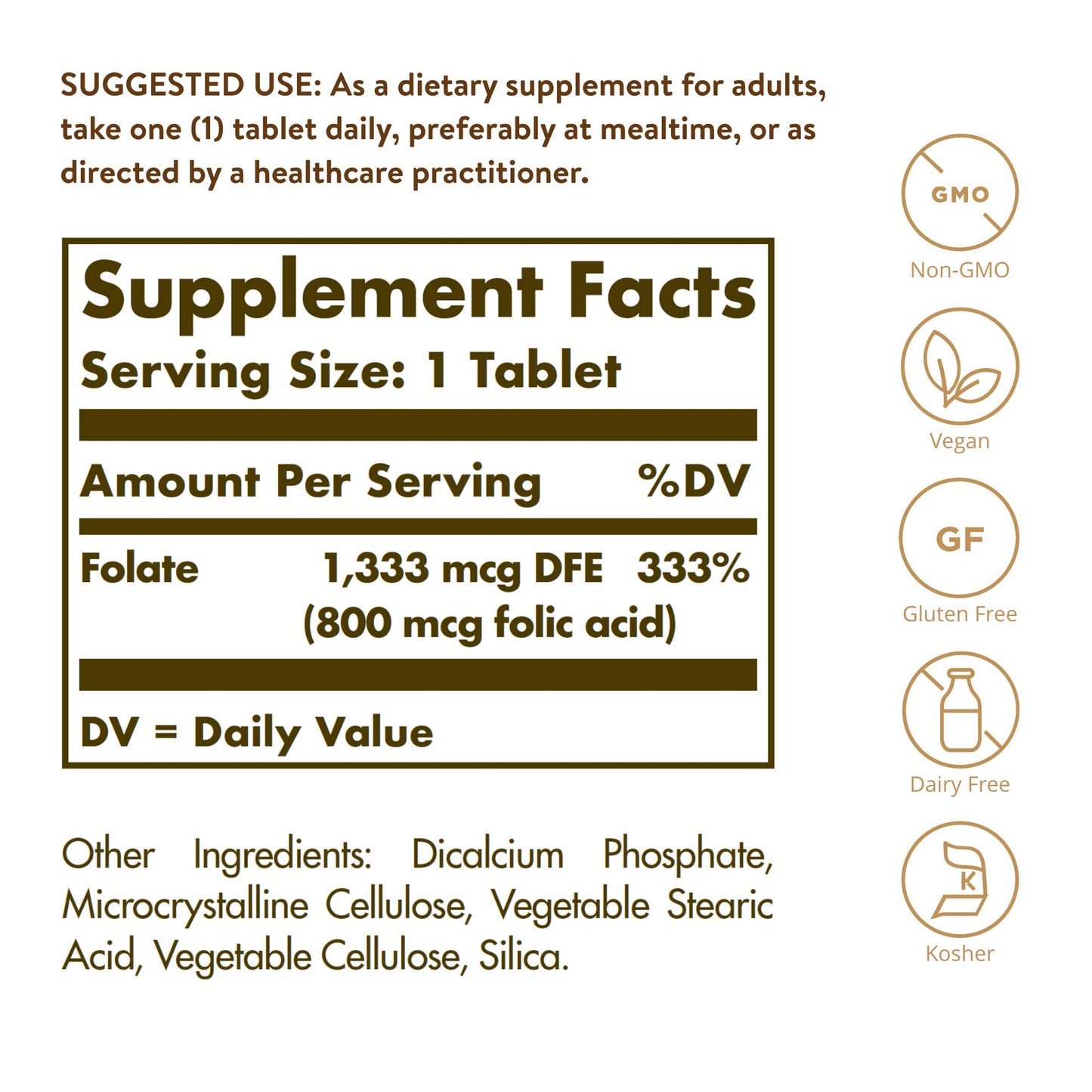 Solgar Folate 1,333 mcg DFE, 100 Tablets - 800 mcg Bio-Active Metafolin - Heart Health - Non-GMO, Vegan, Gluten Free, Dairy Free, Kosher - 100 Servings