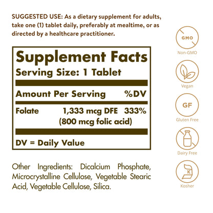 Solgar Folate 1,333 mcg DFE, 100 Tablets - 800 mcg Bio-Active Metafolin - Heart Health - Non-GMO, Vegan, Gluten Free, Dairy Free, Kosher - 100 Servings