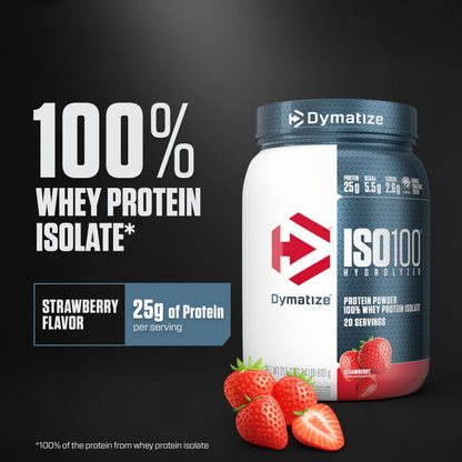 Dymatize ISO100 Whey Protein Powder Isolate, Strawberry, 25g of Protein, 5.5g BCAAs, Less Than 120 Cal., Gluten Free, 1g Fat, 1g Sugar, 2g Carb (20 Servings)