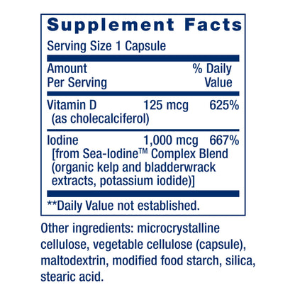 Life Extension Vitamin D3 with Sea-Iodine™, 125 mcg (5000 IU) – Immune Support, Bone Health, Thyroid Health – 1 Daily, Gluten-Free, Non-GMO – 60 Capsules