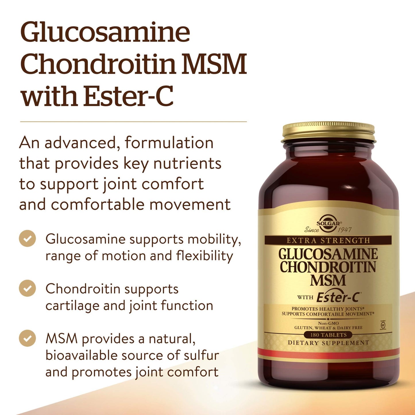 Solgar Extra Strength Glucosamine Chondroitin MSM w/Ester-C, 180 Tablets