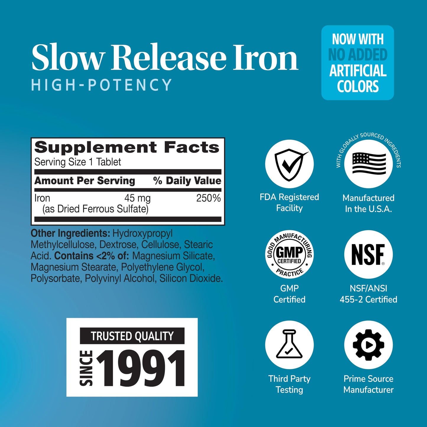 21st Century Slow Release Iron 45mg Tablets, Gentle on Stomach, 60 Count