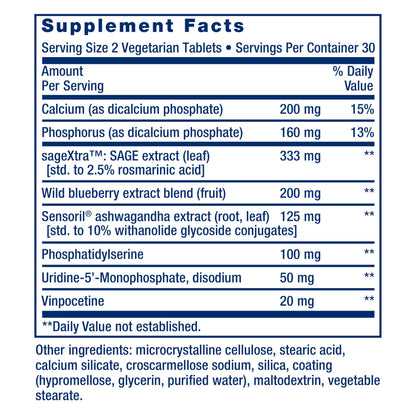 Life Extension Cognitex® Elite, sage, Blueberry, ashwagandha, phosphatidylserine, vinpocetine, Attention, Focus, Mood & Memory, Gluten-Free, Non-GMO, Vegetarian, 60 Tablets