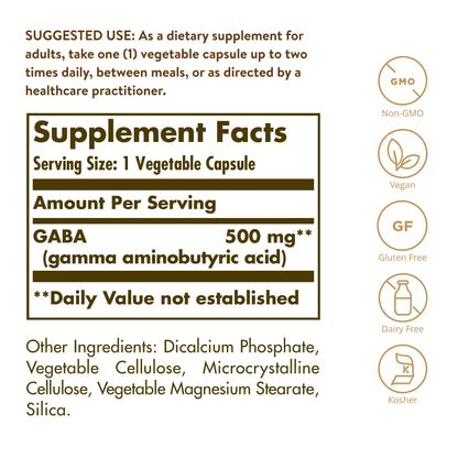 Solgar GABA 500 mg, 100 Vegetable Capsules, Nervous System Support