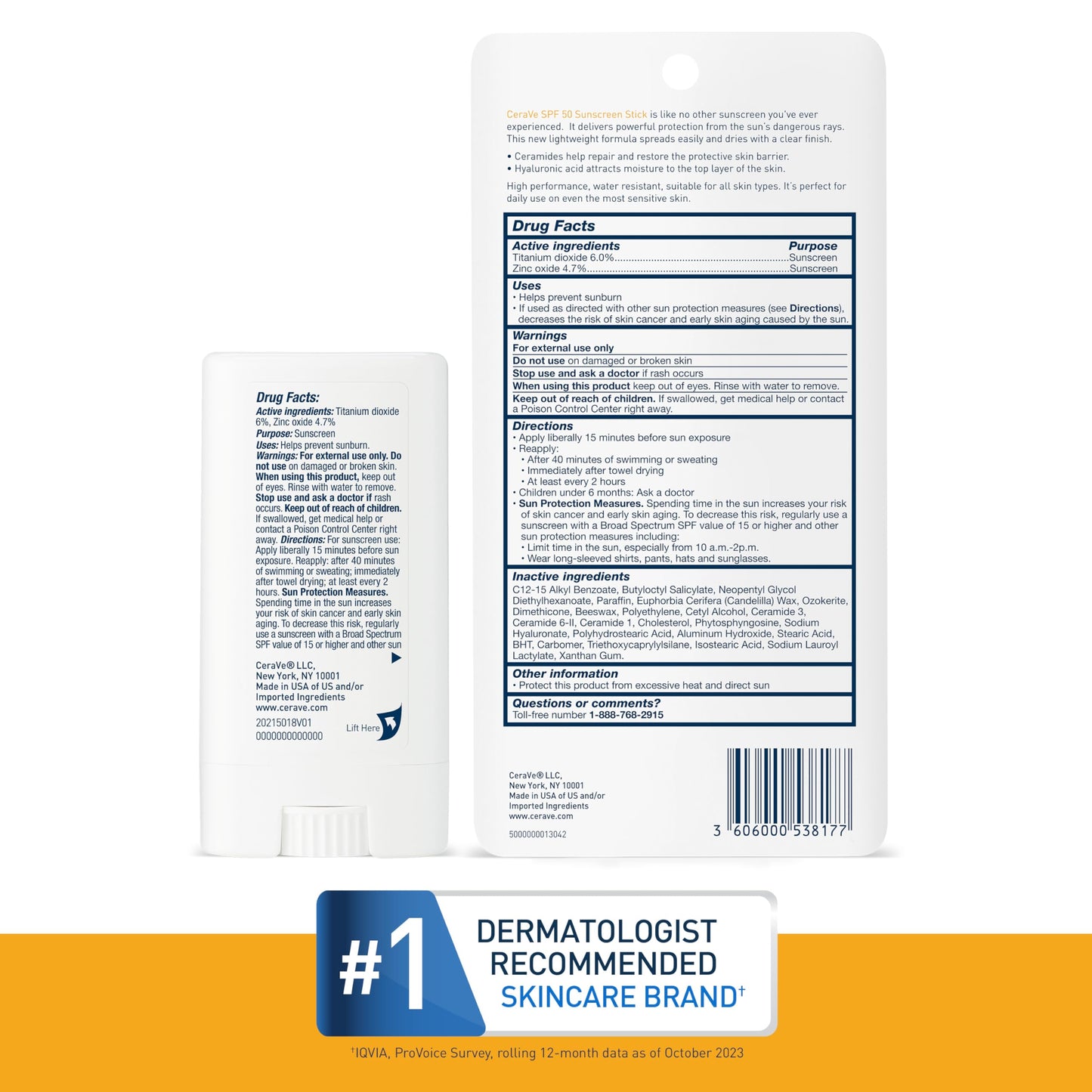 CeraVe Mineral Sunscreen Stick, SPF 50 Face Sunscreen, Travel Size, 0.47oz