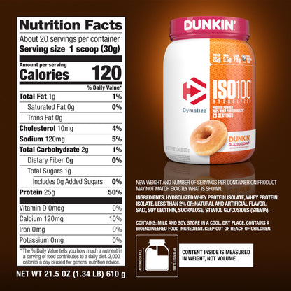 Dymatize ISO100 Protein Powder, 100% Whey Isolate, Dunkin' Glazed Donut