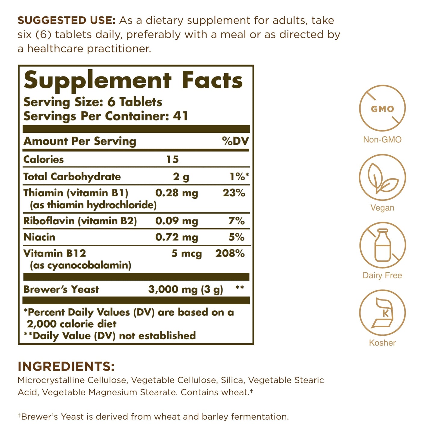 Solgar Brewer's Yeast 7 ½ Grains with Vitamin B12 - 250 Tablets, Pack of 2 - Non-GMO, Vegan, Dairy Free, Kosher - 82 Total Servings