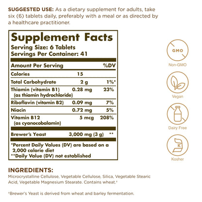Solgar Brewer's Yeast 7 ½ Grains with Vitamin B12 - 250 Tablets, Pack of 2 - Non-GMO, Vegan, Dairy Free, Kosher - 82 Total Servings