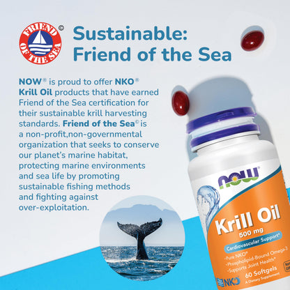 NOW Foods Supplements, Neptune Krill Oil 500 mg, Phospholipid-Bound Omega-3, Cardiovascular Support*, 60 Softgels