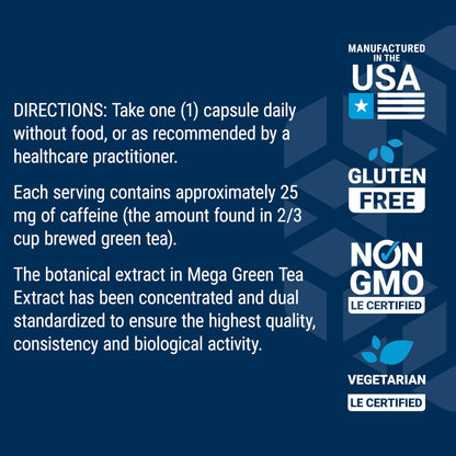 Life Extension Lightly Caffeinated Mega Green Tea Extract, Camellia sinensis Extract with Concentrated EGCG polyphenol Content, Gluten-Free, Non-GMO, Vegetarian, 100 Capsules