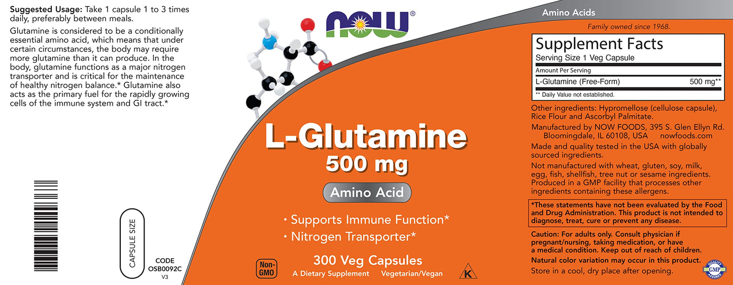 Now L-Glutamine 500mg 300 Veg Capsules - Non-GMO Supplement - Vegan Lglutamine Caps