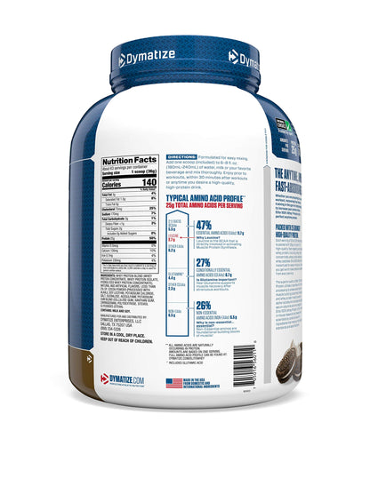 Dymatize Elite 100% Whey Protein Powder, Cookies & Cream, 25g of Protein, 5.5g BCAAs, Less Than 140 Cal., Gluten Free, 2g Carb, 2g Sugar, 3g Fat (63 Servings)