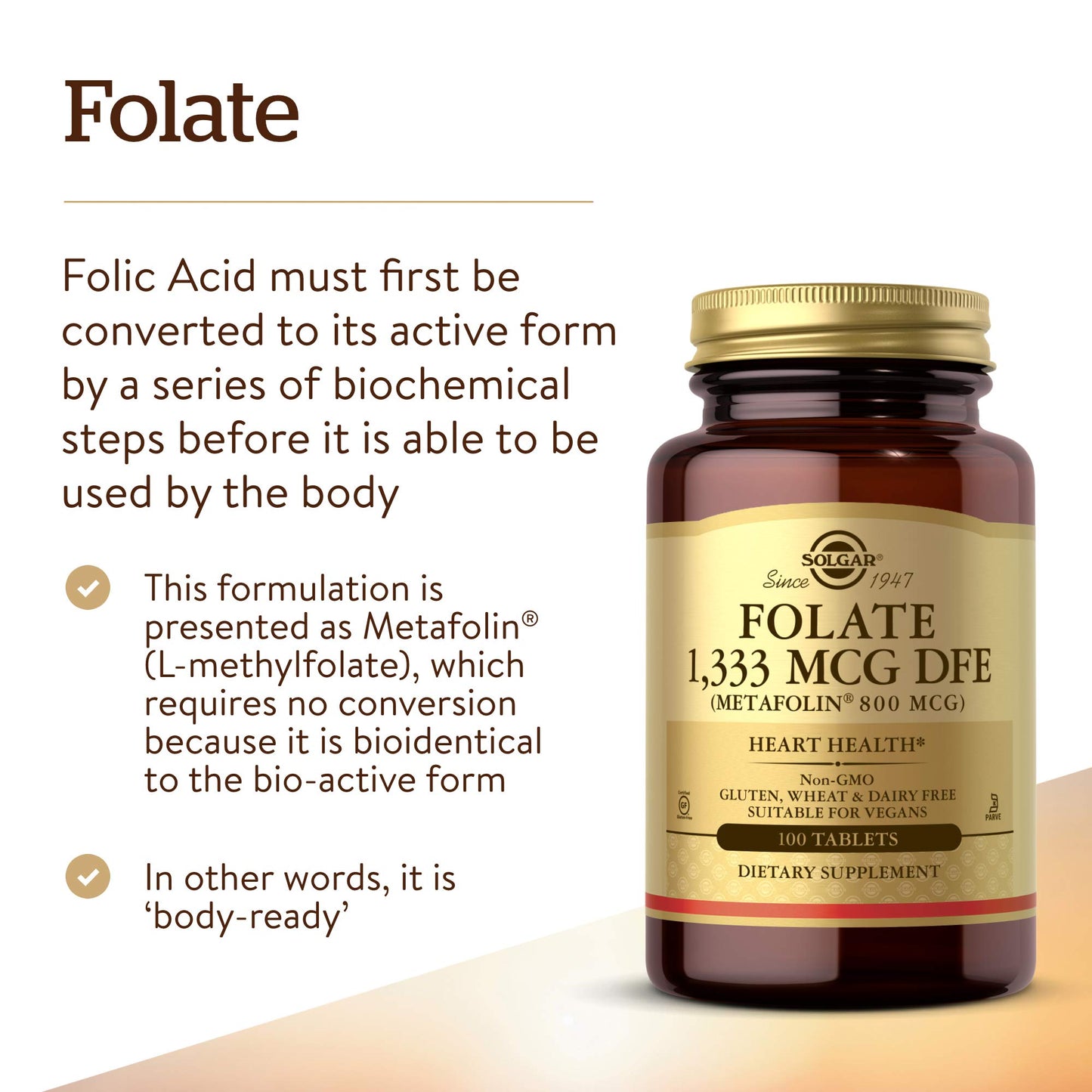 Solgar Folate 1,333 mcg DFE, 100 Tablets - 800 mcg Bio-Active Metafolin - Heart Health - Non-GMO, Vegan, Gluten Free, Dairy Free, Kosher - 100 Servings