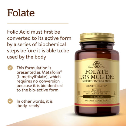 Solgar Folate 1,333 mcg DFE, 100 Tablets - 800 mcg Bio-Active Metafolin - Heart Health - Non-GMO, Vegan, Gluten Free, Dairy Free, Kosher - 100 Servings