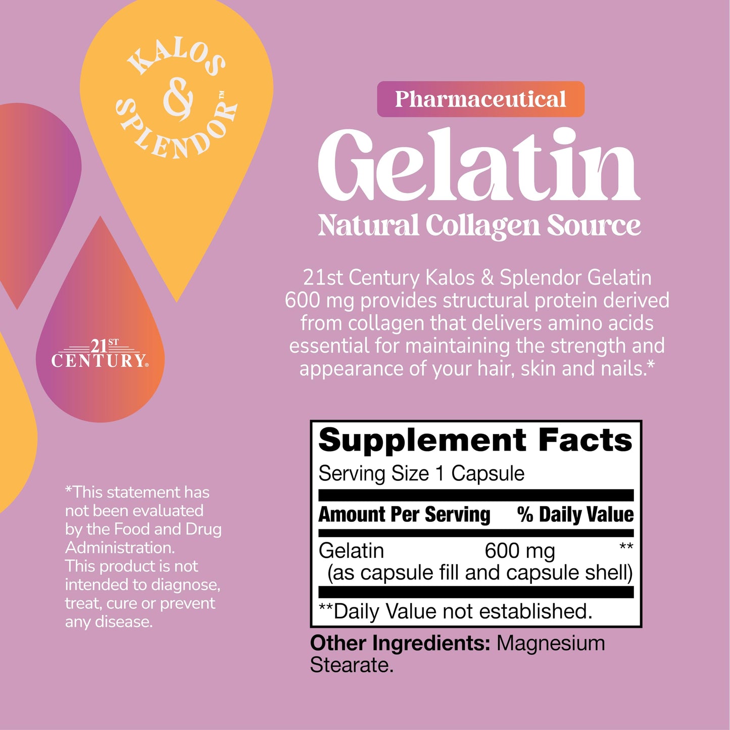 21st Century Gelatin 600mg Capsules for Hair, Skin & Nails, 100 Count