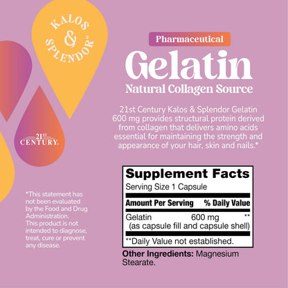 21st Century Gelatin 600mg Capsules for Hair, Skin & Nails, 100 Count
