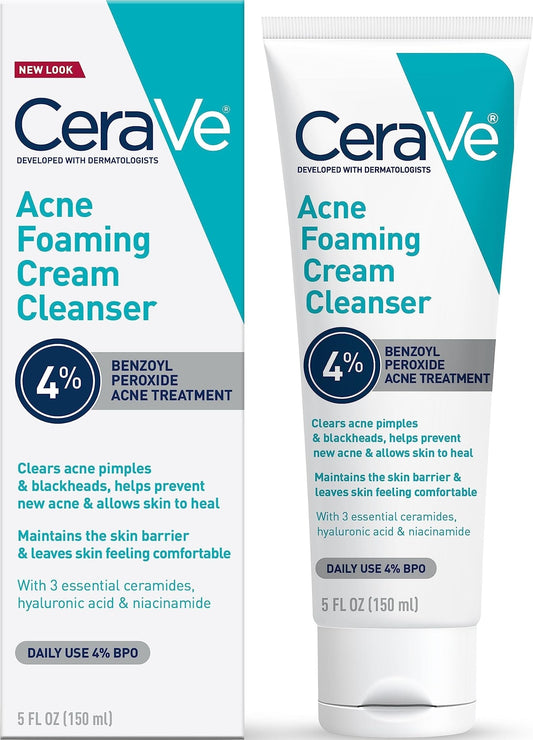 CeraVe Foaming Acne Cream Cleanser, Face Wash with 4% Benzoyl Peroxide, 5oz