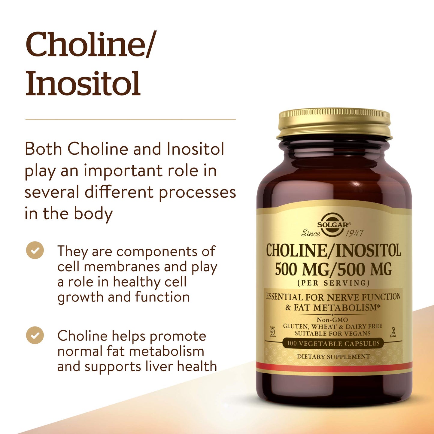 Solgar Choline/Inositol 500 mg/500 mg, 100 Vegetable Capsules- 50 Servings