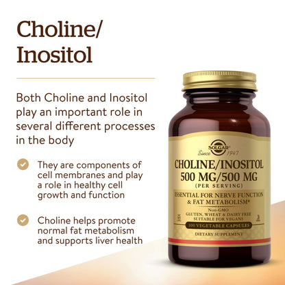 Solgar Choline/Inositol 500 mg/500 mg, 100 Vegetable Capsules- 50 Servings