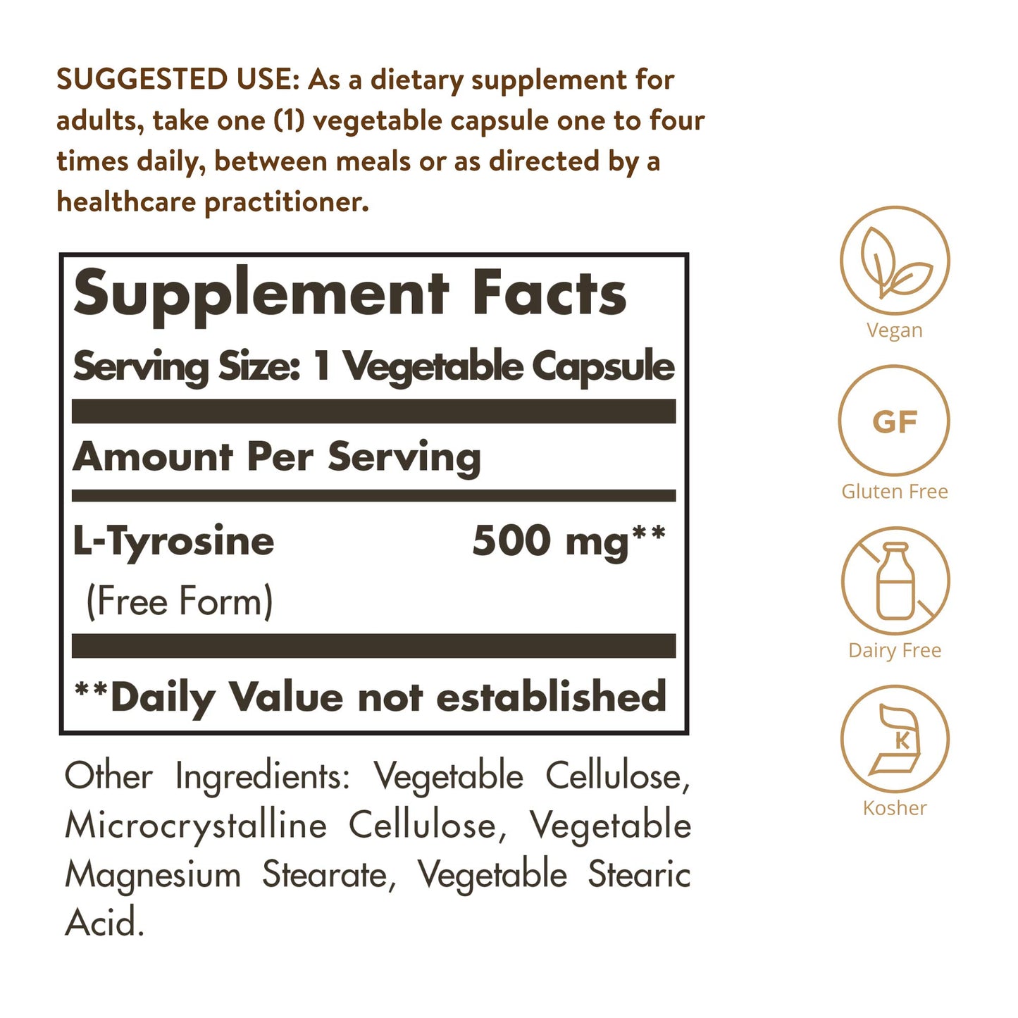 Solgar L-Tyrosine 500 mg, 100 Vegetable Capsules - Vegan, Gluten Free