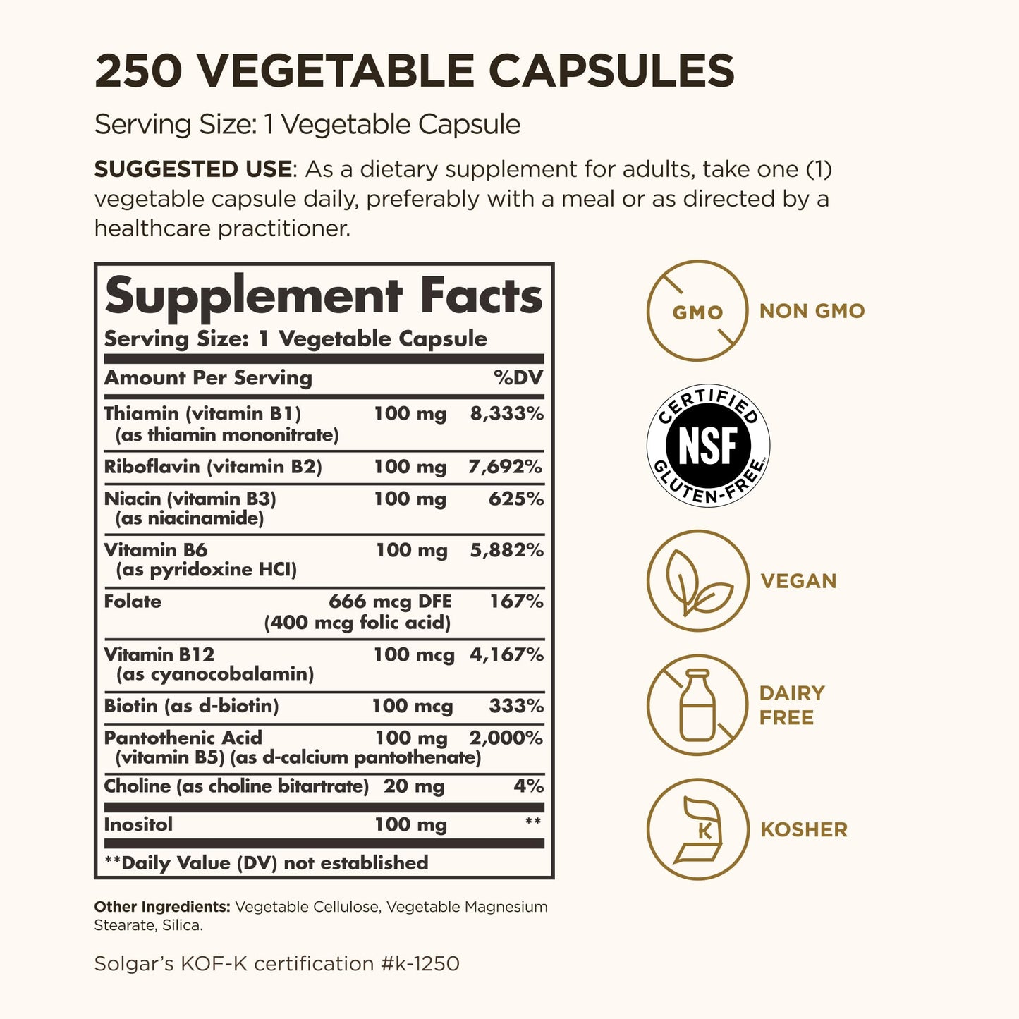 Solgar B-Complex "100", 250 Vegetable Capsules - Nervous System Support - Supports Energy Metabolism - Non-GMO, Vegan, Gluten Free, Dairy Free, Kosher - 250 Servings