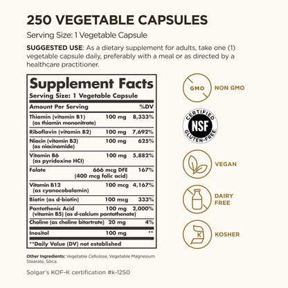 Solgar B-Complex "100", 250 Vegetable Capsules - Nervous System Support - Supports Energy Metabolism - Non-GMO, Vegan, Gluten Free, Dairy Free, Kosher - 250 Servings