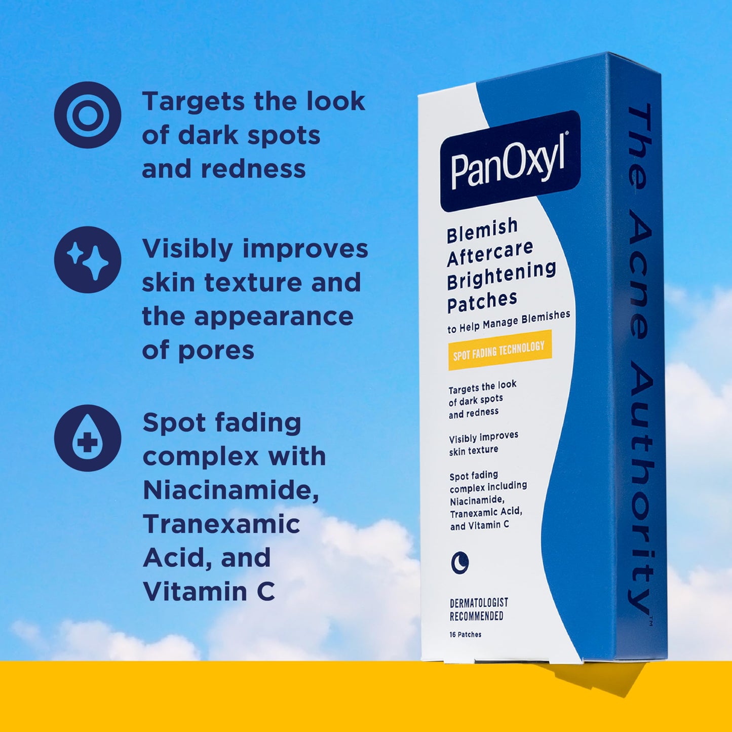 PanOxyl Blemish Brightening Patches: Dermatologist-Recommended, Help Fade Post-Acne Dark Spots and Reduce Redness, Large Clear Patches Cover a Bigger Area, Vegan and Latex-Free, 16ct