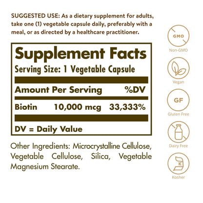 Solgar Biotin 10,000 mcg, 120 Vegetable Capsules - Non-GMO, Gluten Free