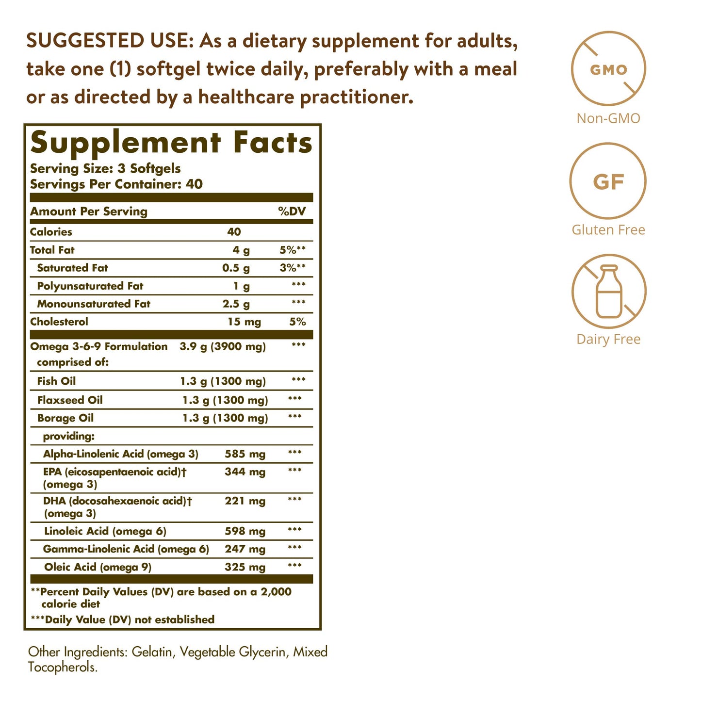 Solgar 1300 mg Omega 3-6-9, 120 Softgels - Fish Oil Supplement - Support for Joint & Skin Health - Includes Flaxseed & Borage - Contains EPA & DHA Omega 3 Fatty Acids - 40 Servings
