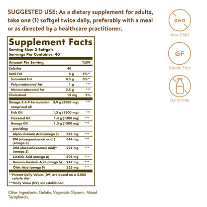 Solgar 1300 mg Omega 3-6-9, 120 Softgels - Fish Oil Supplement - Support for Joint & Skin Health - Includes Flaxseed & Borage - Contains EPA & DHA Omega 3 Fatty Acids - 40 Servings