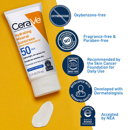 CeraVe Hydrating Mineral Sunscreen SPF 50 Face Sunscreen, Travel Size 2.5oz