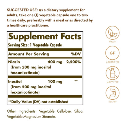 Solgar No-Flush Niacin 500 mg, 250 Vegetable Capsules - No-Flush Delivery