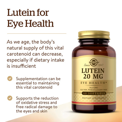 Solgar Lutein 20 mg, 60 Softgels - Contains FloraGLO Lutein - Non-GMO
