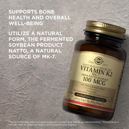 Solgar Naturally Sourced Vitamin K2 (MK-7) 100 mcg - 50 Vegetable Capsules, Pack of 2 - Supports Bone Health - Whole Food Source from Natto Extract - Non-GMO, Gluten Free - 100 Total Servings