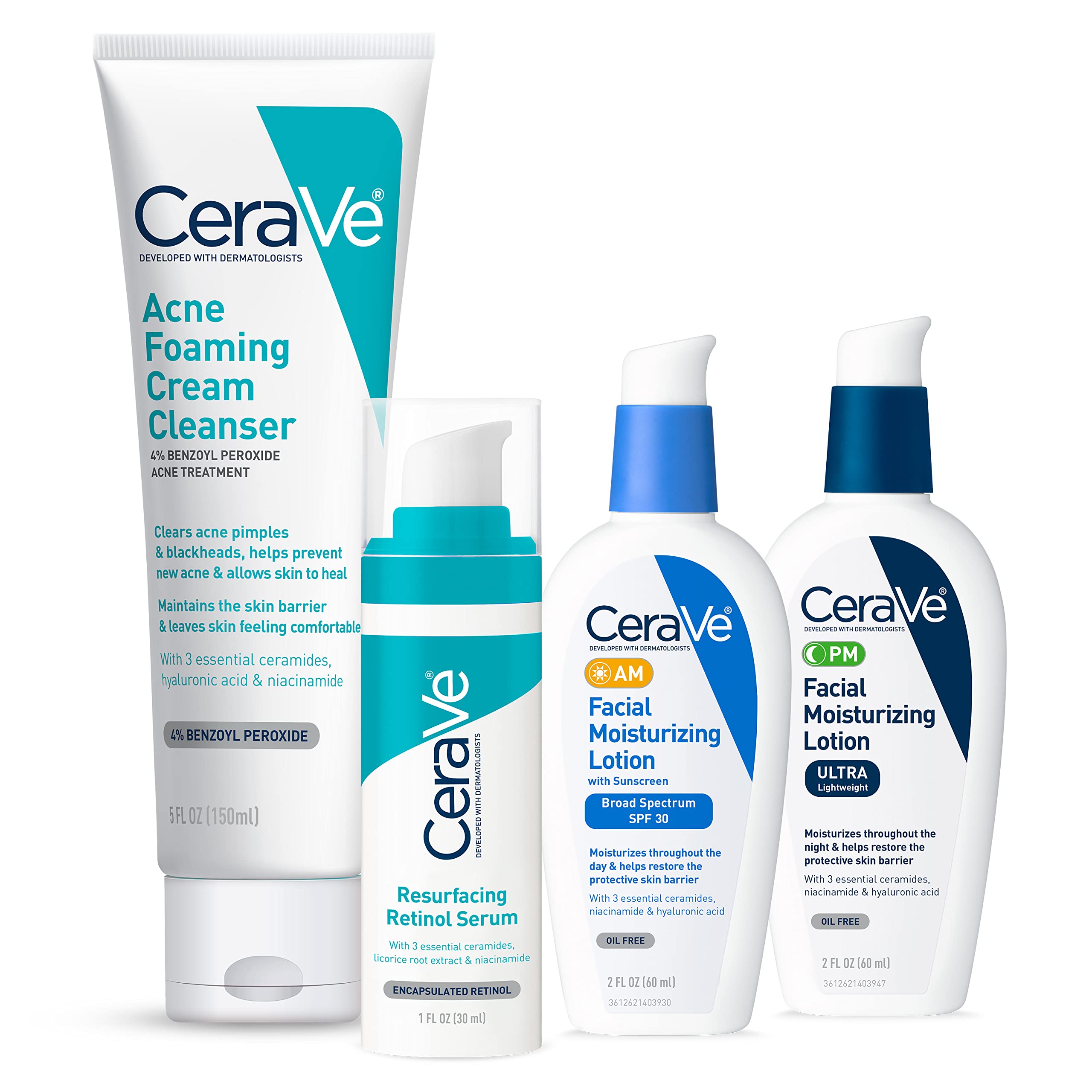 CeraVe Acne Skin Care Set, Foaming Cleanser + Retinol Serum + AM&PM Lotion