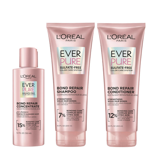 L'Oreal Paris Sulfate Free Bond Repair+ Shampoo, Conditioner and Pre-Shampoo Treatment Set with Bond + Amino Acid Complex, Strengthens Damaged or Color Treated Hair, 18.7 Fl Oz Set, Packaging May Vary