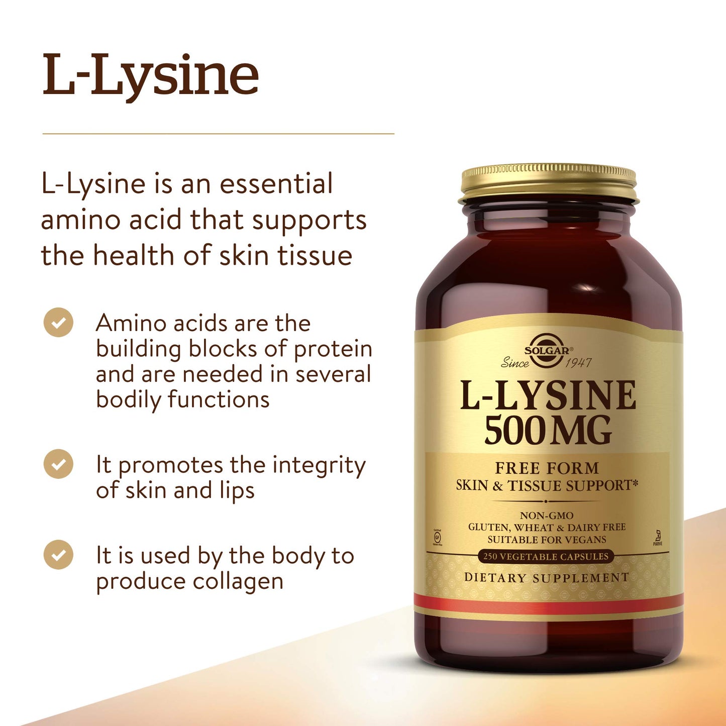 Solgar L-Lysine 500 mg, 250 Vegetable Capsules - Collagen Support - Non-GMO