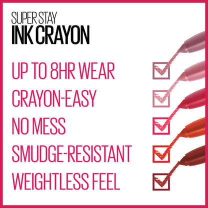 Maybelline Super Stay Ink Crayon Lipstick Makeup, Precision Tip Matte Lip Crayon with Built-in Sharpener, Longwear Up To 8Hrs, Reach High, Rosey Mauve, 1 Count
