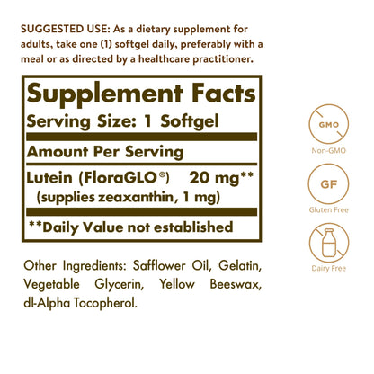 Solgar Lutein 20 mg, 60 Softgels - Contains FloraGLO Lutein - Non-GMO