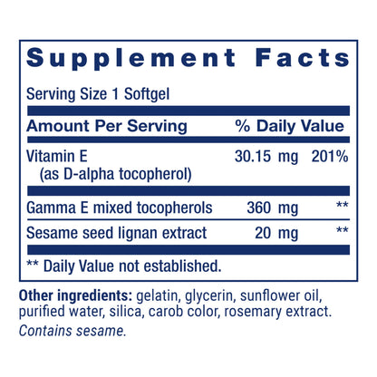 Life Extension Gamma E Mixed Tocopherols, Healthy Aging, Vitamin E Supplement, Enhanced with Sesame lignans, Gluten-Free, Non-GMO, 60 softgels
